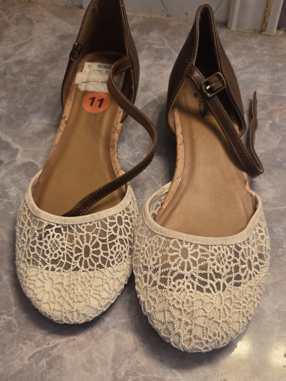 Self Esteem Cream Lace Flats with Brown Ankle Strap